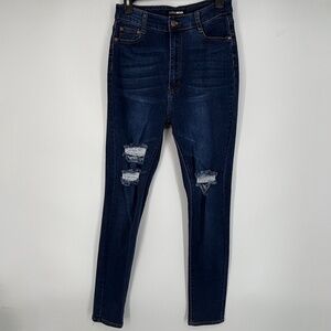 Fashion Nova Womens Size 13 High Rise Skinny Jeans Dark Blue Distressed Holes